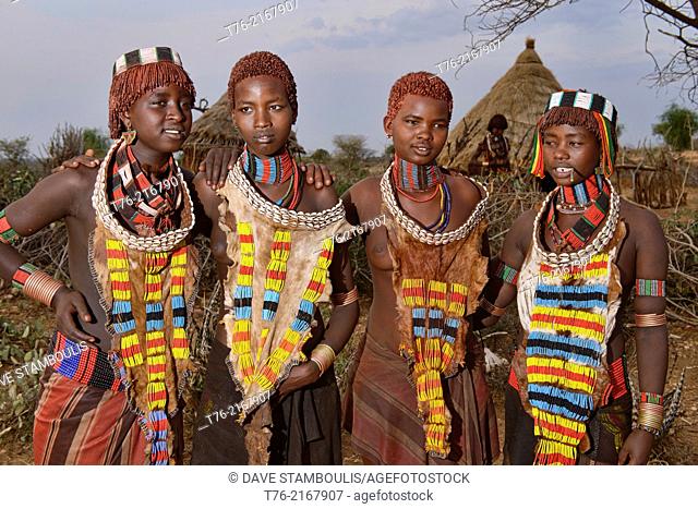 Hamer girls in their village near Turmi in the Omo Valley, Ethiopia