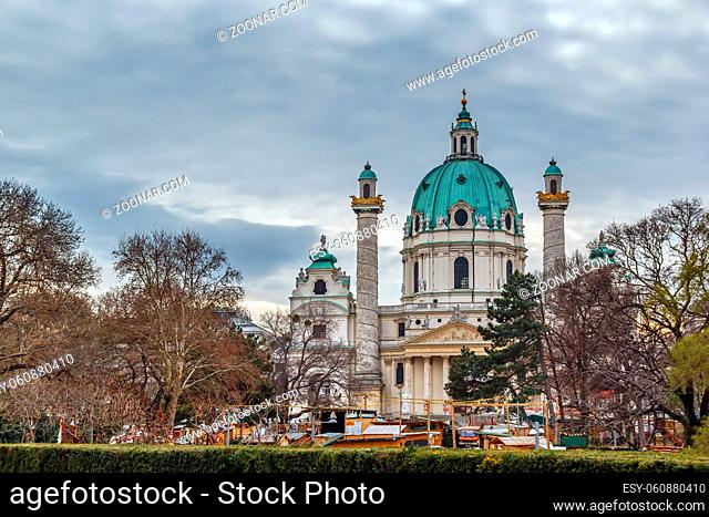 Karlskirche (St. Charles Church) has garnered fame due to its dome and its two flanking columns of bas-reliefs, Vienna, Austria