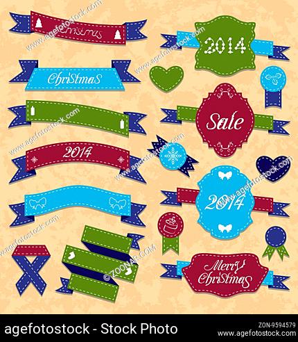 Illustration Christmas set geometric labels and ribbons -