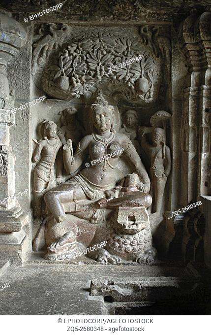 Ellora, cave no. 32 (Indra Sabha), upper floor, east wall, Yakshi Siddhayika. Ellora is an ancient village 30 km from Aurangabad in the Indian state of...