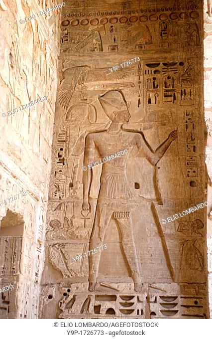 The Pharaoh Ramses III with Khepresh and Key of Life  Medinet Habu Temple, Luxor, Egypt