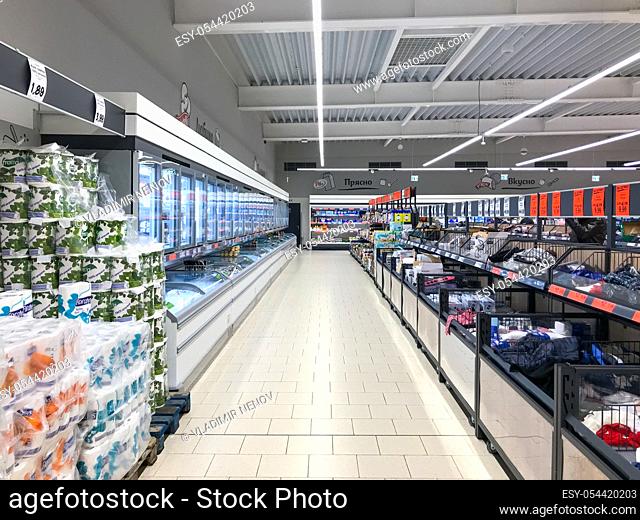 Pomorie, Bulgaria - March 04, 2020: Stalls In Row At Supermarket
