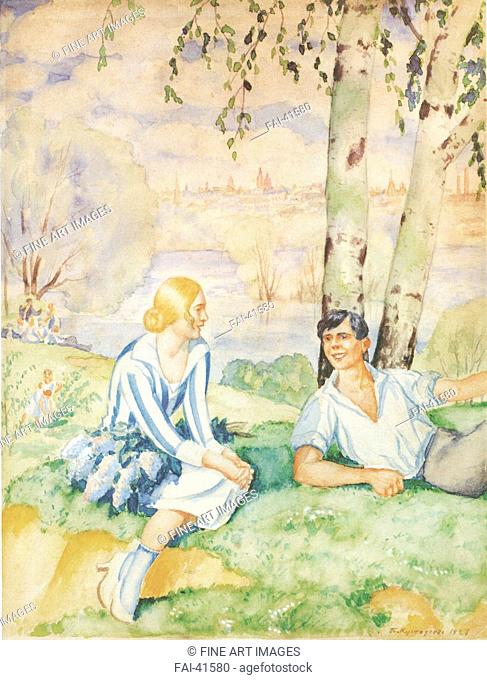 Spring on the riverbank by Kustodiev, Boris Michaylovich (1878-1927)/Watercolour, Gouache on Paper/Russian Painting, End of 19th - Early 20th cen