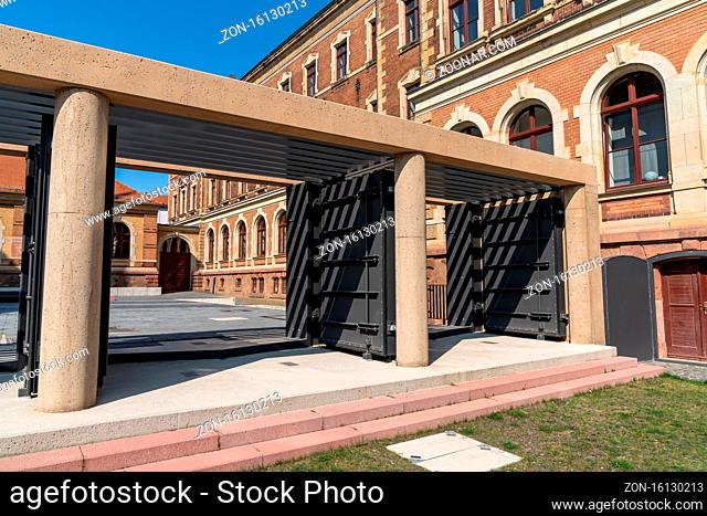 Grimma, Saxony / Germany - 11 September 2020: flood protection and gates at the St. Agustin boarding school in Grimma