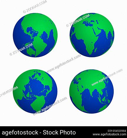vector blue green color globe earth shadow map various view set isolated illustration white background