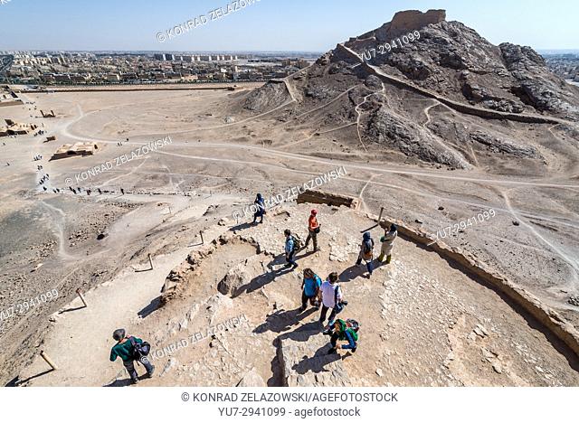 View from top of one of ancient Zoroastrian Tower of Silence, where the dead bodies was once exposed to the elements and local fowl in Yazd, Iran