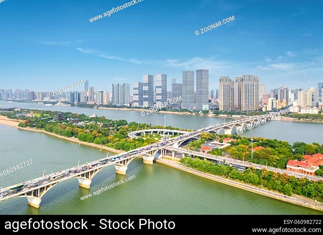 aerial view of the beautiful changsha cityscape and the bridge on xiang river, hunan province, China