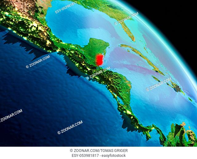 Satellite morning view of Belize highlighted in red on planet Earth. 3D illustration. Elements of this image furnished by NASA