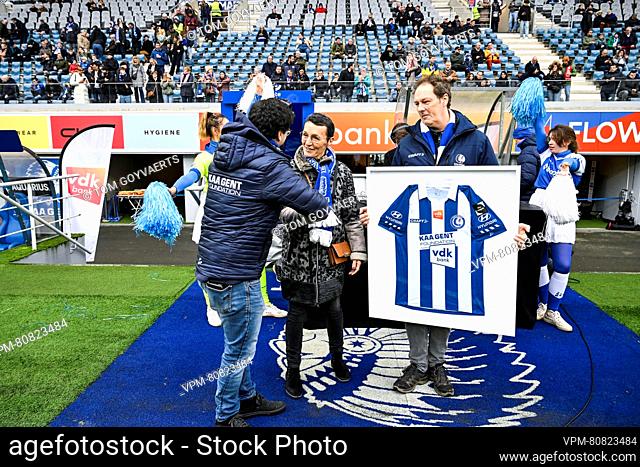 Leen Van den Neste, CEO of the VDK bank and the AA Gent's foundation people pictured before a soccer match between KAA Gent and Royale Union Saint-Gilloise