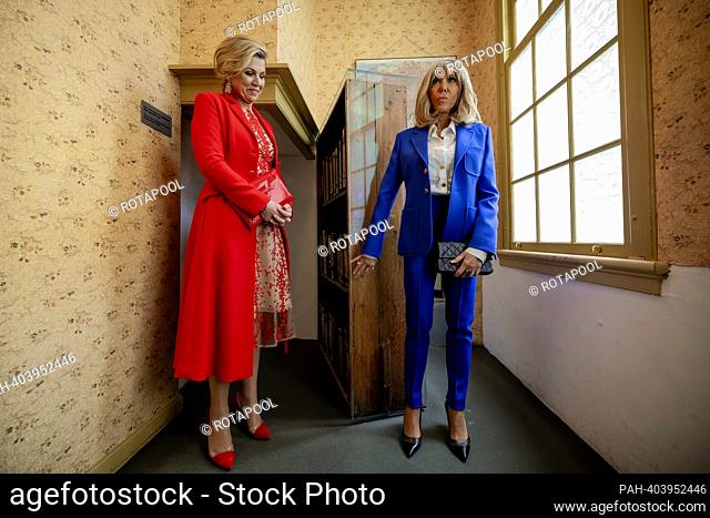 Queen Maxima of the Netherlands and Mrs. Bridget Macron at the Anne Frank Huis in Amsterdam, on April 12, 2023, to visit the museum