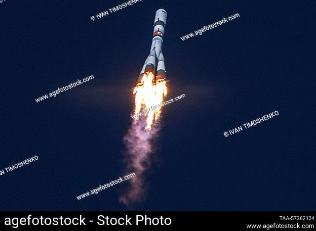 KAZAKHSTAN - FEBRUARY 9, 2023: A Soyuz-2.1a rocket booster carrying the Progress MS-22 resupply ship lifts off from the Baikonur Cosmodrome