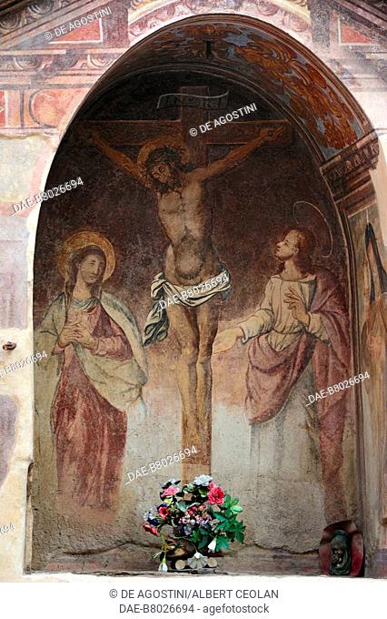Little chapel with a fresco of the Crucifix, Pressano, Piana Rotaliana, Trentino-Alto Adige, Italy