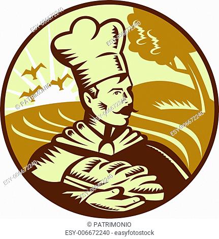Done in retro woodcut style, imagery shows a baker holding a loaf of bread with farm in the background. Three (3) colors used in this illustration