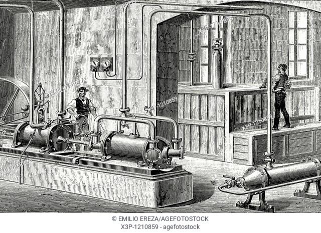 Raoul Pictet machine to elaborate ice  Antique illustration  1882