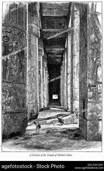 A portion of the Temple of Medinet Abou (Habu), Illustration from the Book, From Pharaoh to Fellah by C.F. Moberly Bell with Illustrations by Georges Montbard