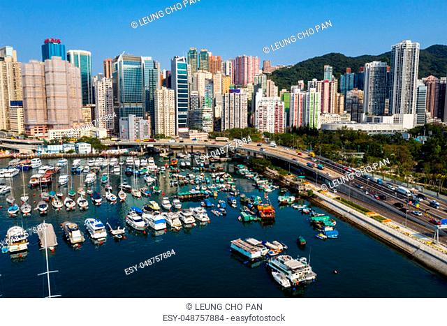 Causeway Bay, Hong Kong 22 February 2019: Aerial view of Hong Kong typhoon shelter