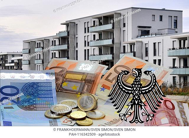 PHOTOMONTAGE: Theme picture property tax. The property tax should be reformed. New flats in Muenchen, Altperlach, housing, building, real estate, own home