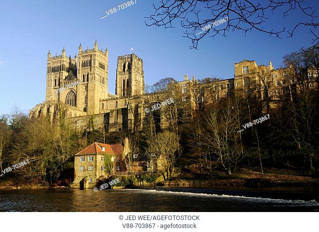 Durham Cathedral in winter sunshine, overlooking the Fulling Mill along the River Wear, Durham City, County Durham, England