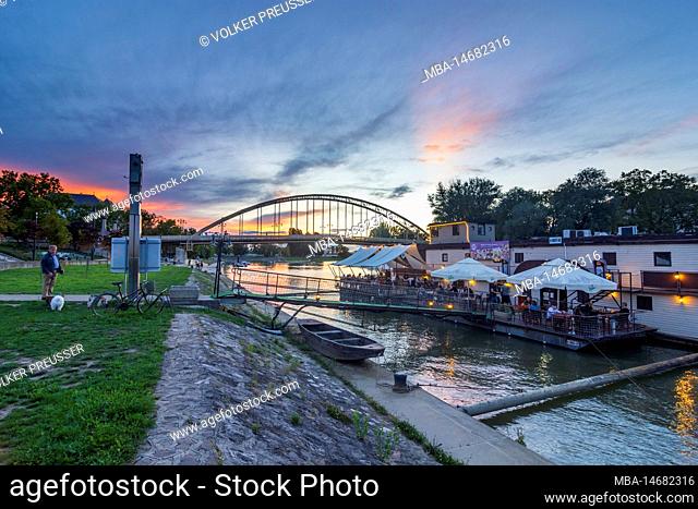 Györ (Raab), river Mosoni Duna (Danube), Kossuth bridge, restaurant ship, sunset in Györ-Moson-Sopron, Hungary