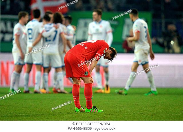 Hannover's Christian Schulz at the end of the German Bundesliga soccer match between Hannover 96 and 1. FSV Mainz 05 in the HDI Arena in Hanover, Germany