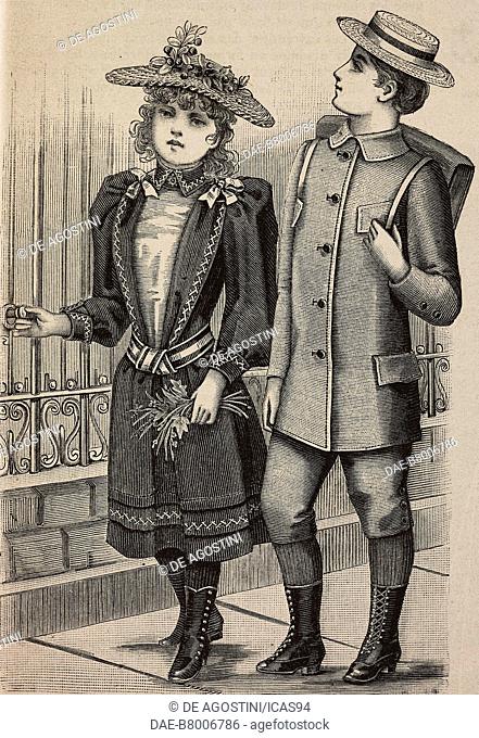 Fashion plate with outfits for 7 to 9-year-old girls and 11 to 13-year-old boys, creations by the Magasins du Louvre, engraving from La Mode Illustree, n 31