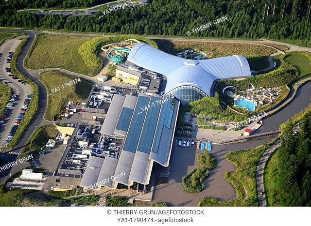 Aerial view Aqua Mundo swimming-pool complex, Trois Forets holiday park by Center Parcs company, Hattigny near Sarrebourg, Moselle, Lorraine region, France