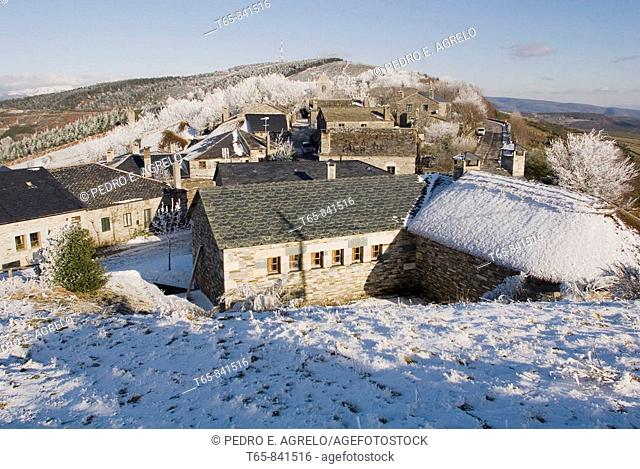 O Cebreiro covered by snow in winter. Typical village in Galicia, Lugo in the high mountains. Farmhouses, passage of the pilgrims route Xacobea