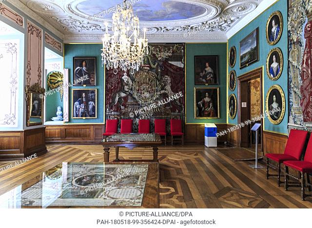 17 May 2018, Germany, Gotha: Tapestry adorn the ducal antechamber inside the North wing of Friedenstein Palace. Friedenstein Palace is one of the best preserved...