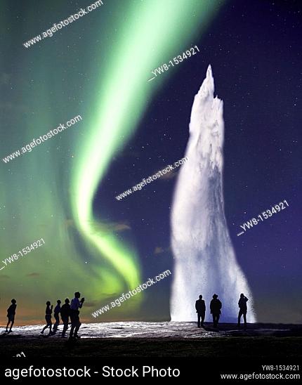 Strokkur Geyser erupting with Northern Lights Digital composite, Iceland