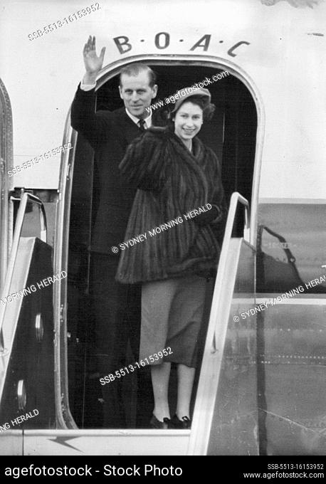 Princess Elizabeth and the Duke of Edinburgh turn for a last wave as they enter the four-engined airliner which carried them on the first stage of their...