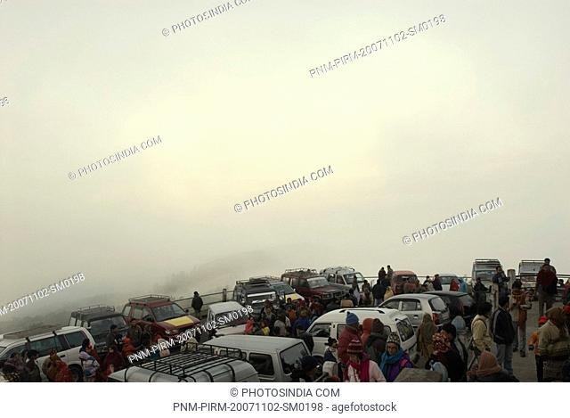 Tourists at a taxi stand, Darjeeling, West Bengal, India