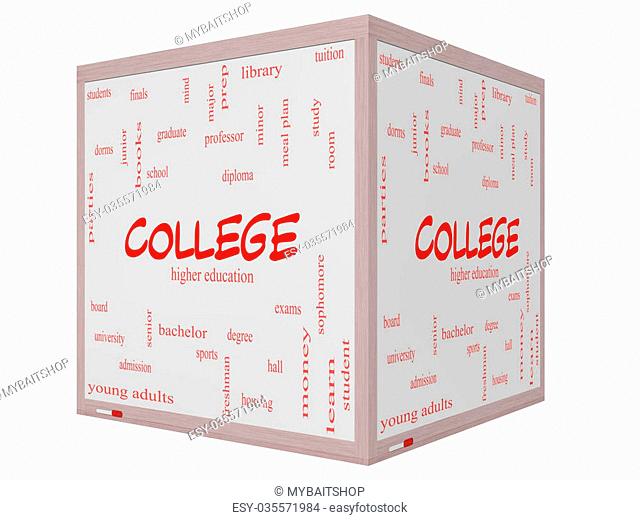 College Word Cloud Concept on a 3D cube Whiteboard with great terms such as tuition, study, student, major and more