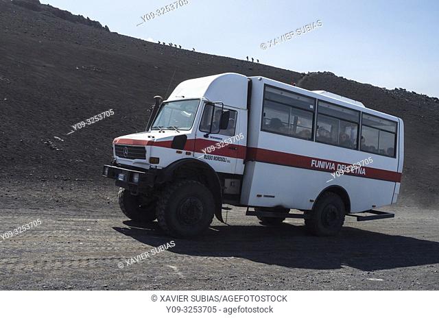 Tourist bus, Mount Etna, Catania, Sicily, Italy
