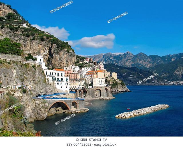 Distant view of Atrani on Amalfi coast