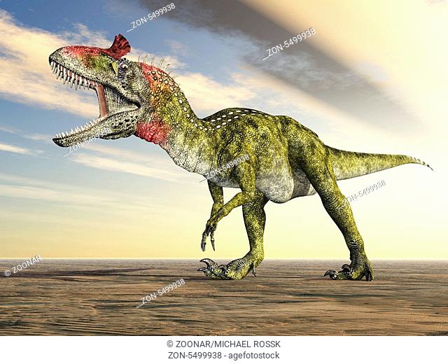 Computergenerierte 3D Illustration mit dem Dinosaurier Cryolophosaurus bei einem Sonnenuntergang