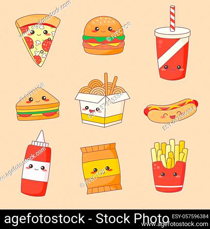 Fast Food Junk Kawaii Cute Face Set. Hamburger and Hotdog Manga Character Isolated Sticker. Restaurant Menu Icon Kit. Funny Japanese Meal Emoji Doodle Flat...
