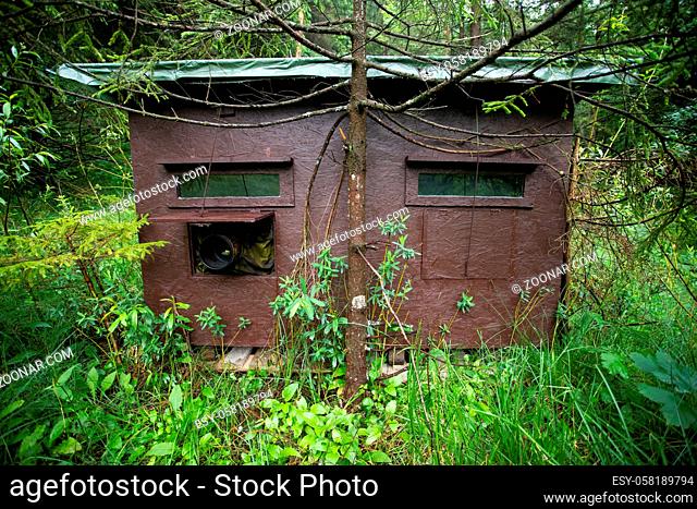 Wildlife photography blind for wild animal observation in summer nature. Wooden hide used by professional photographer with telephoto lens waiting for birds and...