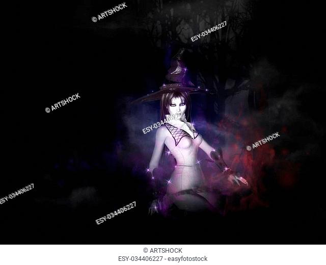 Halloween background with witch conjuring in dark foggy forest