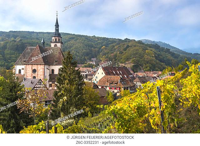village Andlau and its vineyards seen from above, Alsace Wine Route, France, panorama with vine and foothills of the Vosges