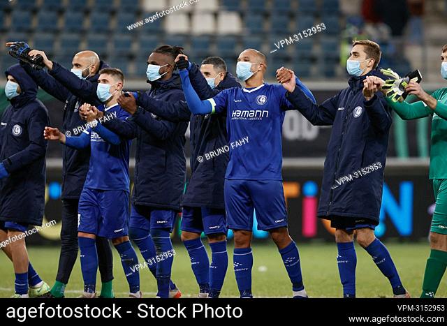 Gent's players celebrate after winning a UEFA Conference League game between Belgian soccer team KAA Gent and Estonian soccer team FC Flora Tallinn
