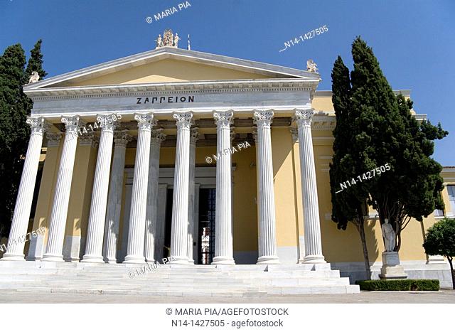 Facade from The Zappeion, designed by the Danish architect Theophil Hansen, in the National Gardens, Athens, Greece