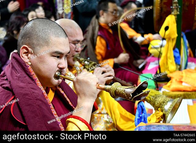 RUSSIA, CHITA - FEBRUARY 19, 2023: Buryat Buddhist monks take part in a purification ritual known as Dugzhuuba at Damba Braibunling Datsan on the eve of...