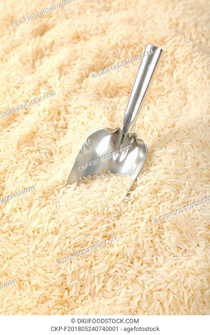scoop of white long grained rice on rice background