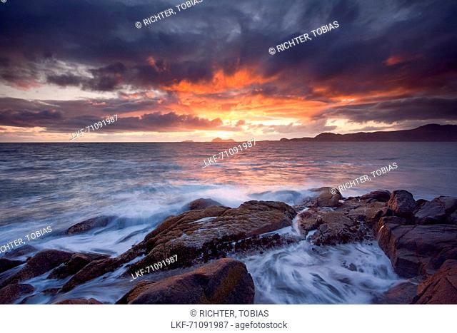 Spectacular sunset over the Vesterålen island Hadseløya and the Norwegian Sea, Nordland, Norway, Scandinavia