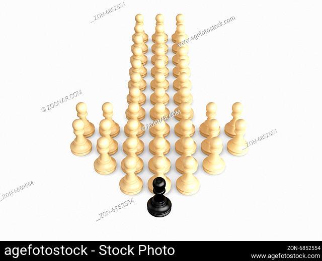 Straight direction arrow from chess pieces and black pawn as the leadership of others, isolated on white background