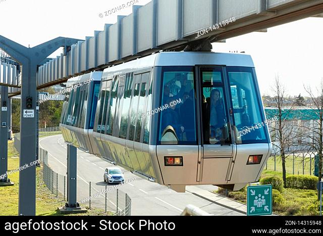 Dusseldorf, Germany ? March 24, 2019: SkyTrain suspension railway at Dusseldorf Airport (DUS) in Germany