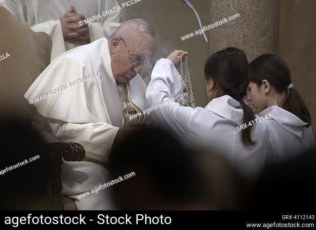 Rome, Italy, 17 March 2023. Pope Francis presides over the Lenten prayer ""24 hours for the Lord"" in the parish of Santa Maria delle Grazie al Trionfale