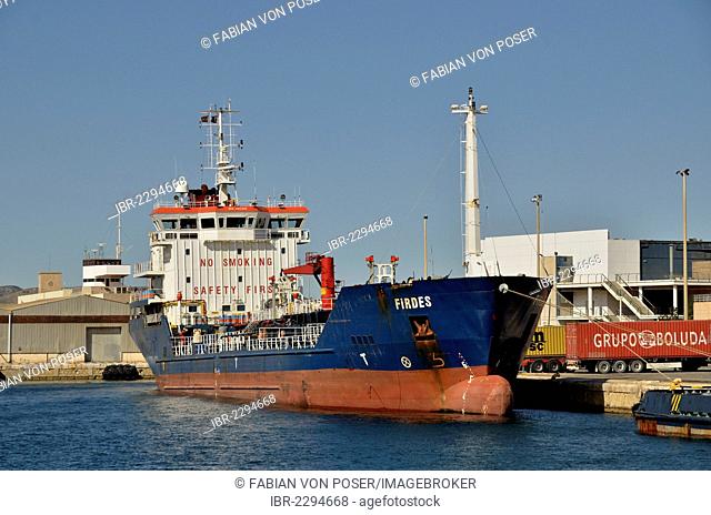 Cargo ship in the harbour of Alicante, Costa Blanca, Spain, Europe