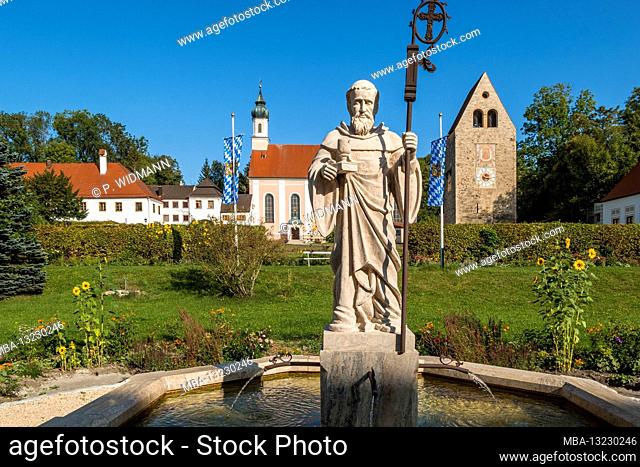 Monastery church with Roman tower and fountain with fountain figure Abbot Walto or Balto, Wessobrunn Monastery, Upper Bavaria, Bavaria, Germany, Europe