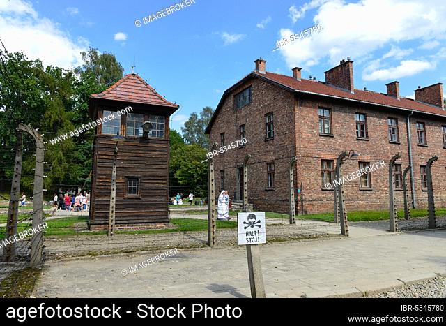 Barbed wire, Guard tower, Camp building, Main camp I, Concentration camp, Auschwitz-Birkenau, Auschwitz, Poland, Europe